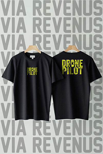 Vordevia Tricou unisex cu decolteu rotund imprimat față și spate Drone Pilot
