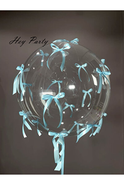PartyPoo 10 Adet Mavi Fiyonk Kurdeleli - 1 Adet Şeffaf Bobo Balon Seti Fiyonk...