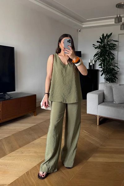 Tuba Butik V-Neck Blouse Pants Women's Set