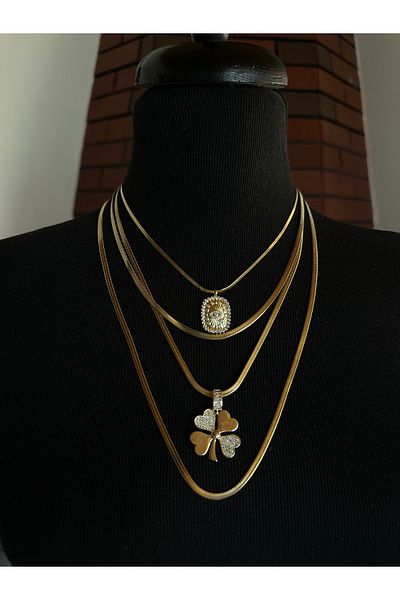 NFS BUTİK Italian Chain Steel Multiple Combination Necklace Clover Model-4 Pcs