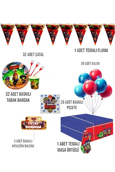 Evabrite Brawl Stars 32-Person Birthday Party Set - Brawl Stars Concept Party Decorations