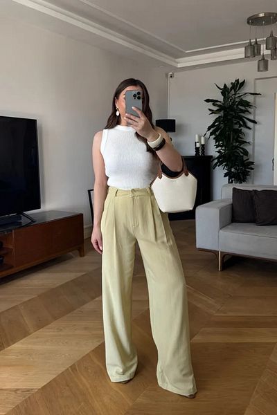 Tuba Butik Women's Linen Blend Trousers with Pile Detail