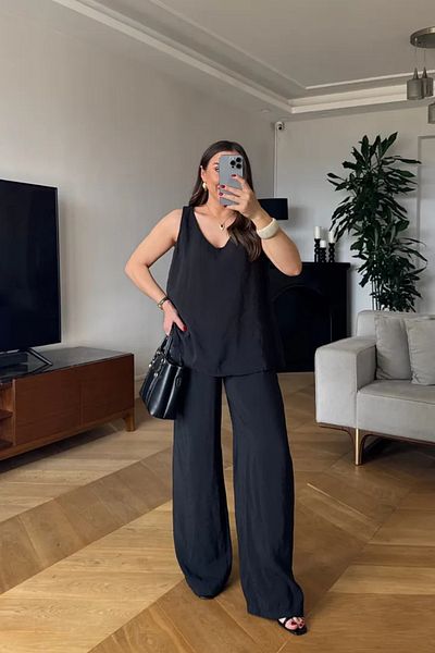 Tuba Butik V-Neck Blouse Pants Women's Set