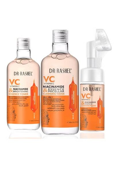 RASHEL Vitamin C & Niacinamide Cleansing Set - Includes Cleansing Water, Essence Toner, and Cleansing Mousse