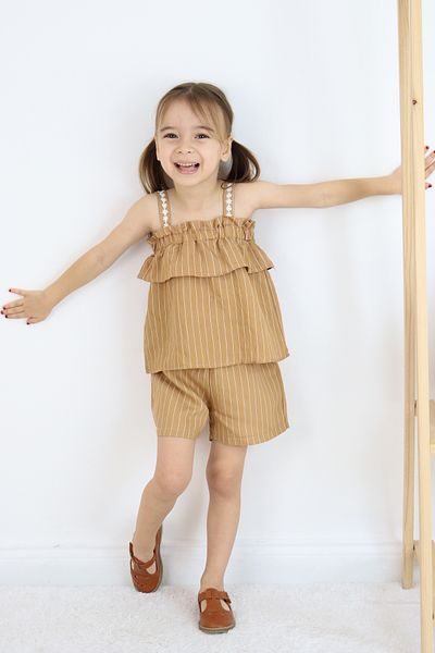 FESSHERA KİDS 💜 Girls' Strappy Striped Shorts Set – Ruffle and Floral Embroidery Detail 💜