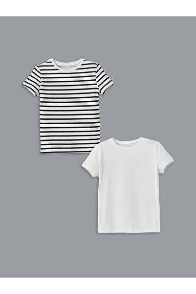 LC Waikiki Βαμβακερό χτενισμένο ριγέ μπλουζάκι για κορίτσια με λαιμόκοψη σε π...