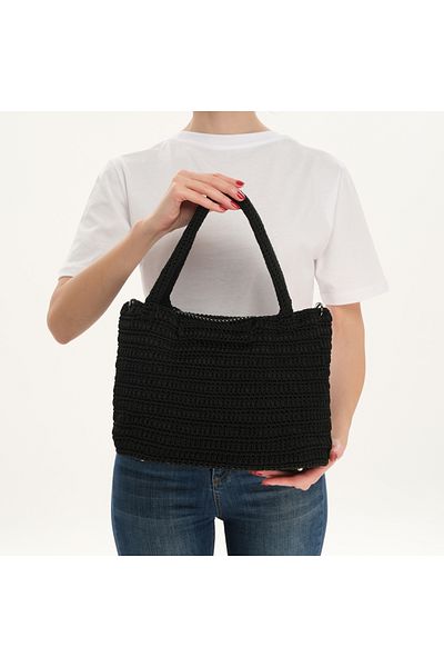 a02teks Women's Black Color Handmade Tight Woven Paper Rope Knitted Daily Shoulder Bag Unlined Black