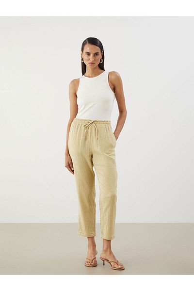 LC Waikiki Khaki Elastic Waist Textured Women's Trousers