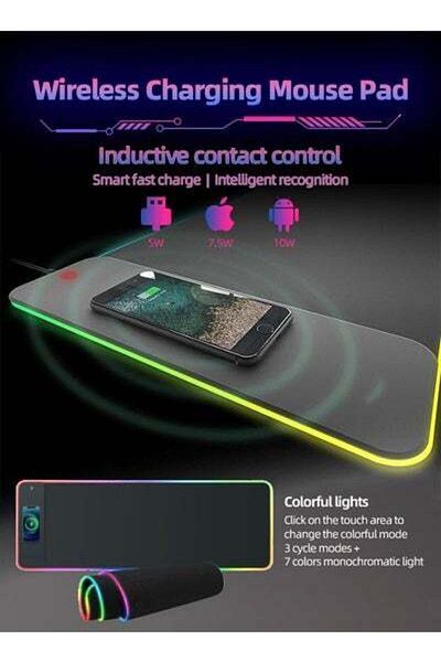 MOTIM Gaming Mouse Pad with Wireless Fast Charge 15W LED Mouse Mat Non-Slip Rubber Base Extended MousePad