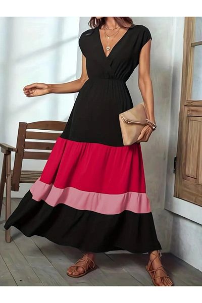 Masspera Double Breasted Collar Color Block Design Maxi Length Dress