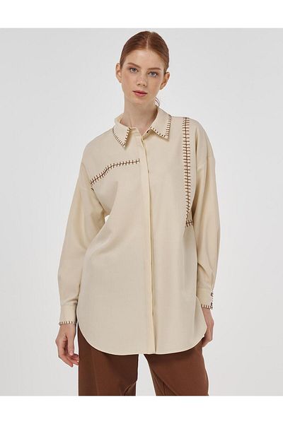 Kayra Punto Stitched Shirt Collar Tunic Cream