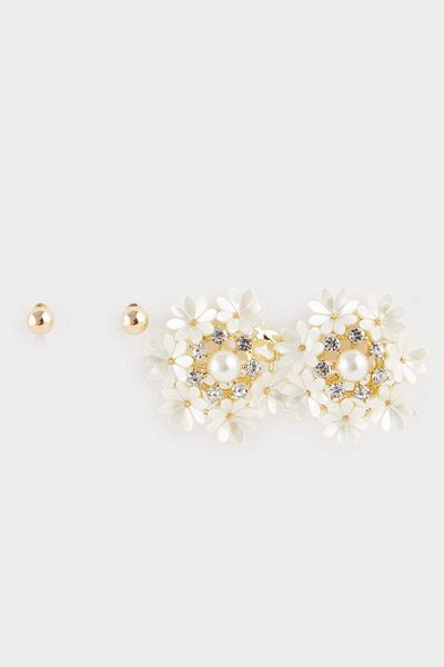 DeFacto Women's 2-Piece Pearl Detailed Floral Earrings F0887Axns