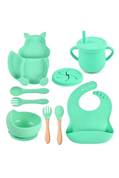 LEAXOR Set complet de hrănire din silicon pentru bebeluși, non-alergenic, fără BPA, 9 piese, verde deschis, LEAXOR