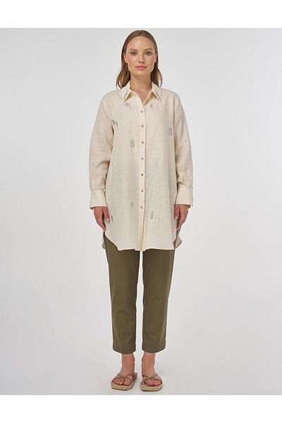 Kayra 100% Linen Hotfix Printed Tunic Cream