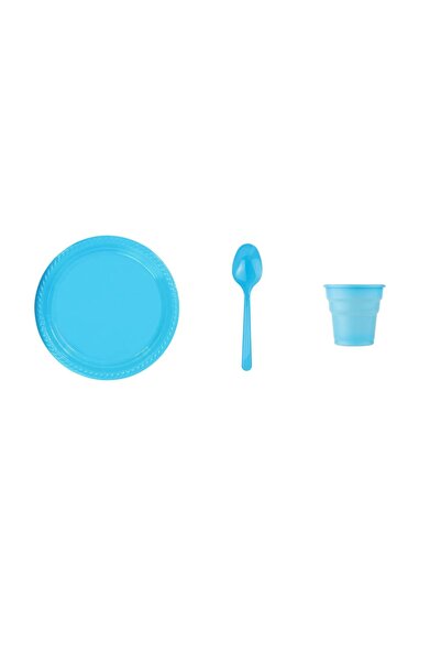 Ambalaj Evi Mavi Plastik Tabak Plastik Bardak Plastik Kaşık Seti 75 Parça Sof...