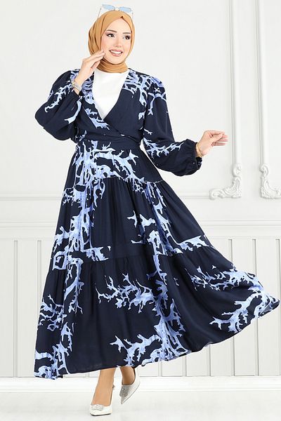 ModaMerve Tie Waist Viscose Suit 843Ozr1047-M Indigo&Laci
