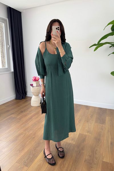 BİRCANÇİL Monisa Emerald Green Shirt Rope Strap Dress Suit