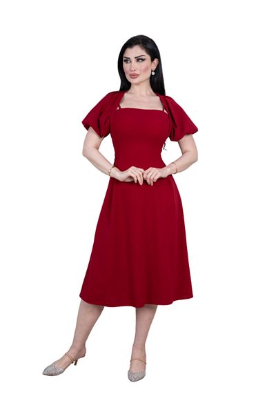 Nice Model Burgundy Midi Dress with Puff Sleeves - Elegant Square Neck Crepe Outfit for Women Party Wedding