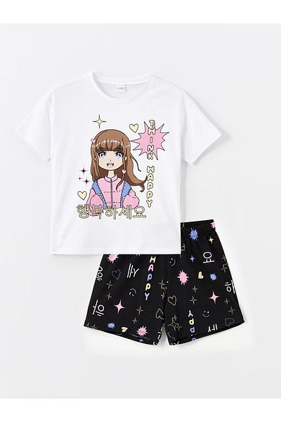 LC Waikiki Set de pijamale pentru fete cu decolteu cu imprimeu și pantaloni scurți