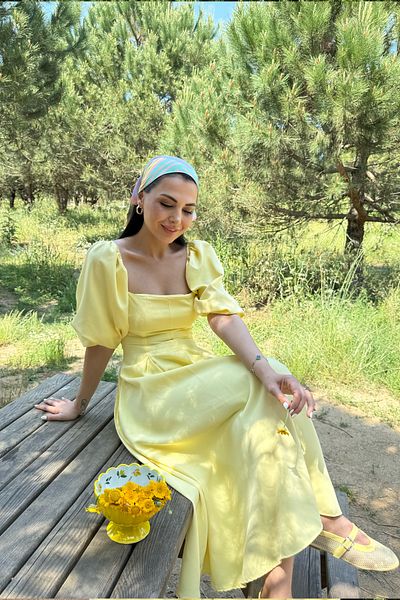 Seda Yalçın Atelier Yellow Balloon Sleeve Midi Length Ernest Dress