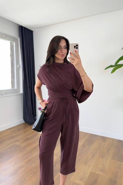 BİRCANÇİL Luuma Burgundy Blouse Collar Detailed Trousers Set
