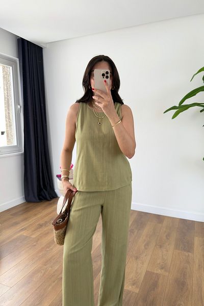 BİRCANÇİL Glow Olive Linen Sleeveless Blouse Pants Set