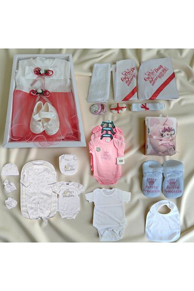 OEM Set trusou botez, fata, rochita alb-rosu, bavetica, body, botosei, 3 body Little Princesse, jucarie