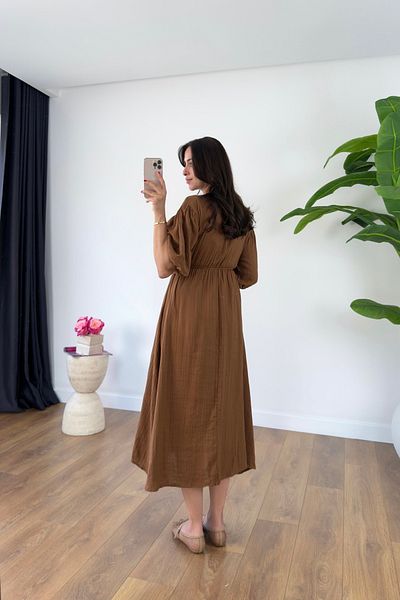 BİRCANÇİL Alno Brown V-Neck Muslin Midi Dress
