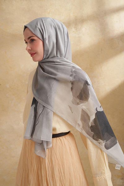 ARMANDA Silk Cotton Camellia Pattern Shawl - Gray