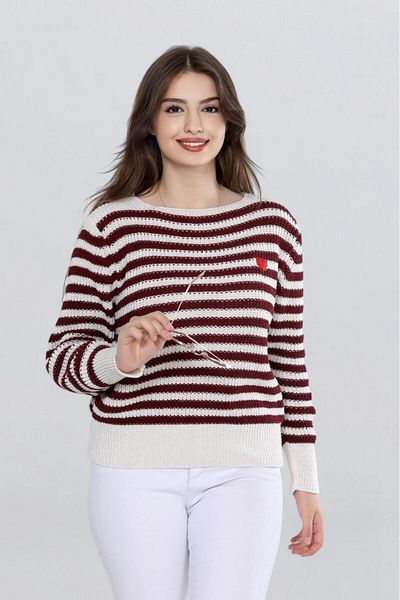 Fox Life Kids Women's Heart Embroidery Detailed Striped Knitted Sweater Flt1023