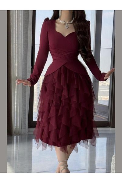 Nice Model Burgundy Long Sleeve Midi Dress with Ruffled Tulle Skirt - Elegant Party Cocktail Formal Wear