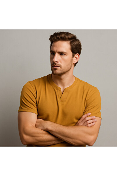 UOMOPARK 2124 Henley T-Shirt Brown Button Detailed Basic Casual t Shirt