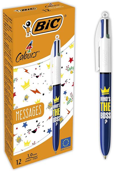 Mena Rise Şirinshop 4 Colors Message Ballpoint Pen Box of 12, 1.0mm Tip, Blue, Red, Yellow in One Pen