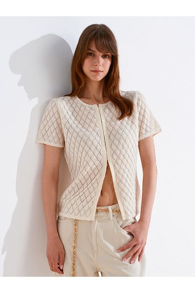 Dilvin 60977 Crew Neck Lace Look Agraft Knitwear Cardigan-Ecru
