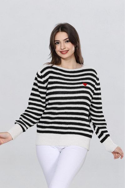 Fox Life Kids Women's Heart Embroidery Detailed Striped Knitted Sweater Flt1023