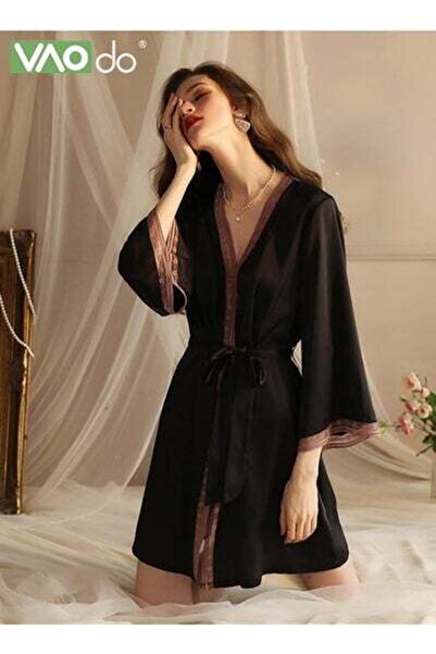 VAODO Women's Bathrobe Light Luxury Ice Silk Satin Cool Feeling Nightgown Lace Edge Design Bathrobe Black