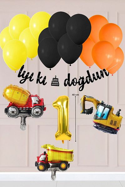 Atölye Mi 1 Year Old Construction Concept Birthday Balloon Set Construction Vehicles Theme Balloon Chain