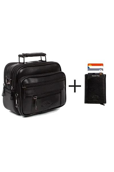 Newish Polo Men's Mechanism Wallet and Genuine Leather Steel Case Shoulder and Hand Bag - Large Size - Black