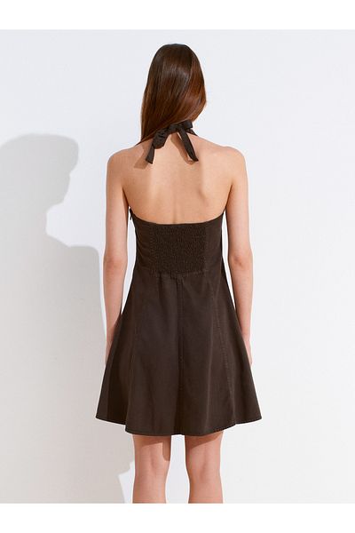 Dilvin 90568 Short Denim Dress with Elastic Back Section-Brown