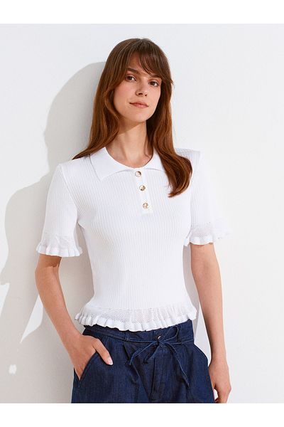 Dilvin 10780 Polo Neck Buttoned Ruffled Knitwear Blouse-White
