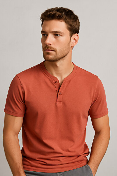 LACİVERTMEN Navy Blue 2124 Henley T-Shirt Brown Button Detailed Basic Casual t Shirt