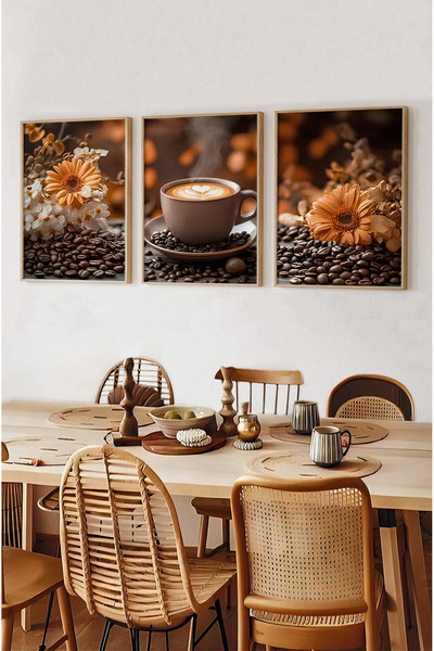 kutuTR ☕ Çiçekli Kahve Keyfi – Ahşap Çerçeveli 3'lü MDF Tablo Seti (23x32 | 32x42 | 42x62 cm ) CRV1017