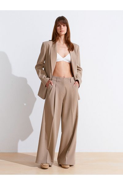 Dilvin 71606 Extra Wide Leg Adjustable Trousers-Beige