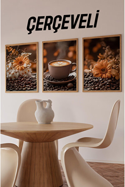 kutuTR ☕ Çiçekli Kahve Keyfi – Ahşap Çerçeveli 3'lü MDF Tablo Seti (23x32 | 32x42 | 42x62 cm ) CRV1017