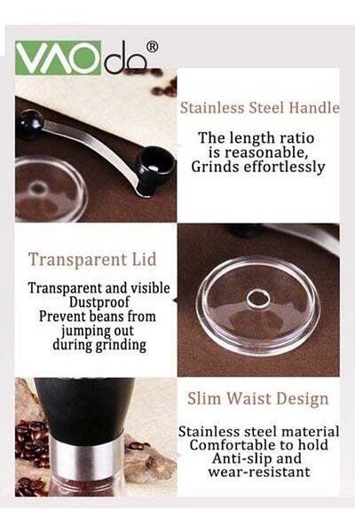 VAODO Manual Coffee Grinder Home Coffee Grinding Maker with Cleaning Brush Whole Body Washable Portable