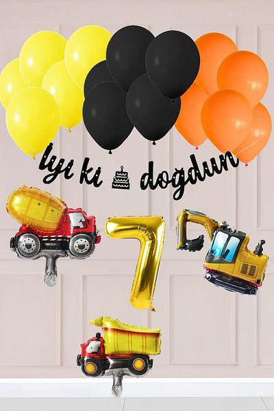 Atölye Mi مجموعة بالونات عيد ميلاد بمفهوم البناء لعمر 7 سنوات، سلسلة بالونات ذات طابع مركبات البناء