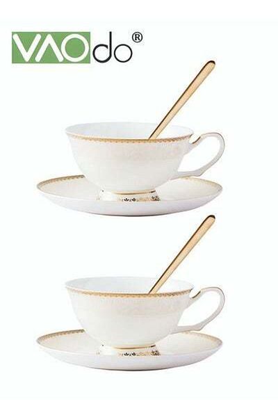 VAODO 2PCS Coffee and Saucer Set With Spoon Thin Through Bone China Hand-painted Gold Black Tea Teacup