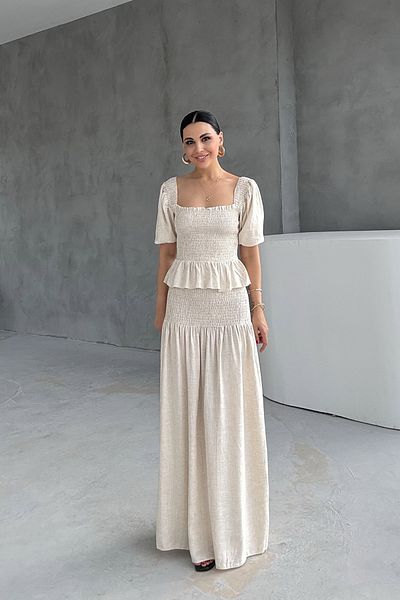 Seda Yalçın Atelier Stone Gipeli Linen Blouse and Skirt Set