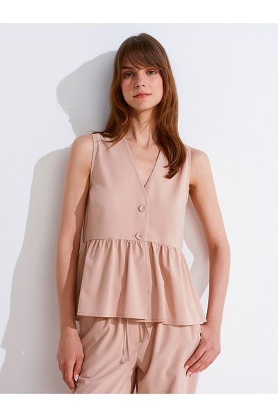 Dilvin 50508 Buttoned Sleeveless V Neck Blouse-Powder
