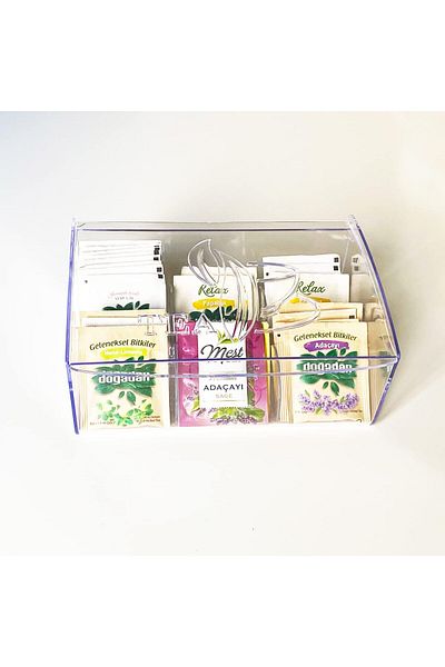 Mena Rise Şirinshop 6 Compartment Transparent Sachet Tea Box, Acrylic Transparent Sachet Tea Box, Evonox 6 Compartment